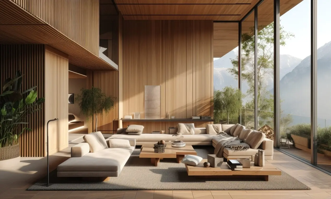 Fotorealistischer Innenraum eines Holzhauses mit hölzernem Dekor und Einrichtung.